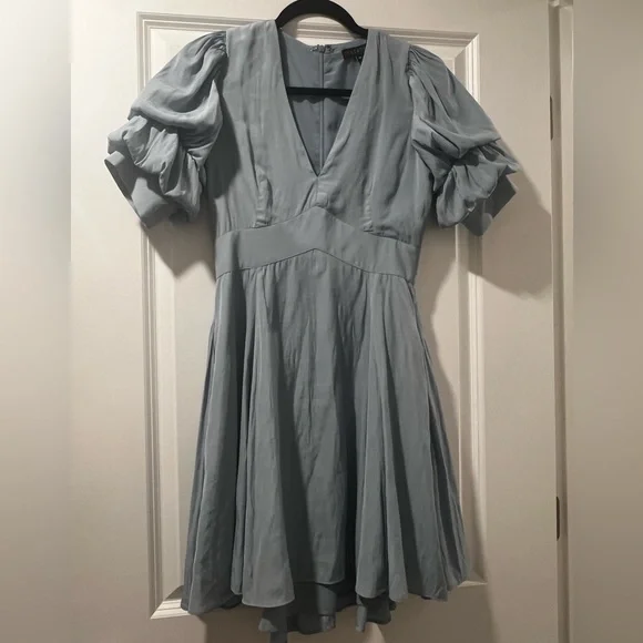 color dusty blue dress Elegant Grey Blue A-Line Bridesmaid Dress with Flutter Sleeve - Blue Designer Bridesmaids Dresses with V-Neck - Multiple Color main image 1